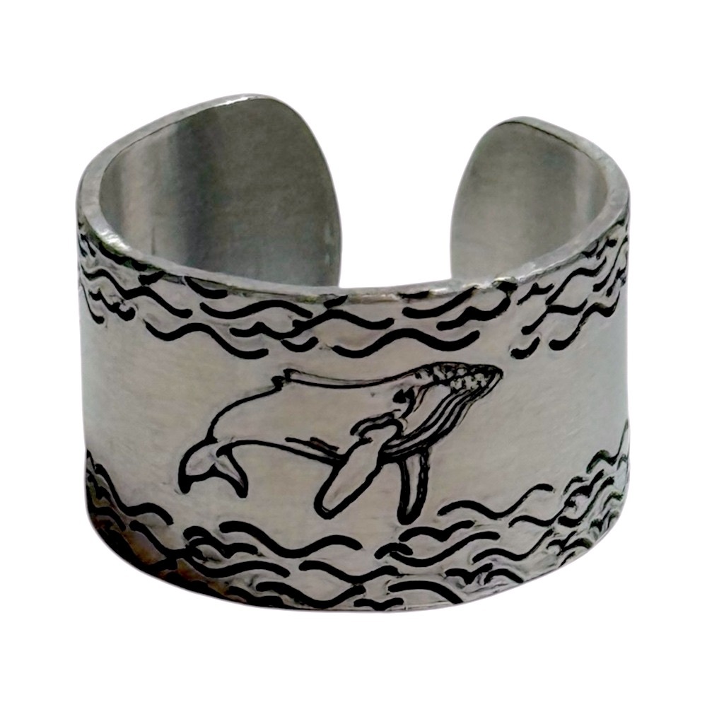 Handmade whale ocean design  adjustable hypoallergenic‎ silver hand-stamped ring